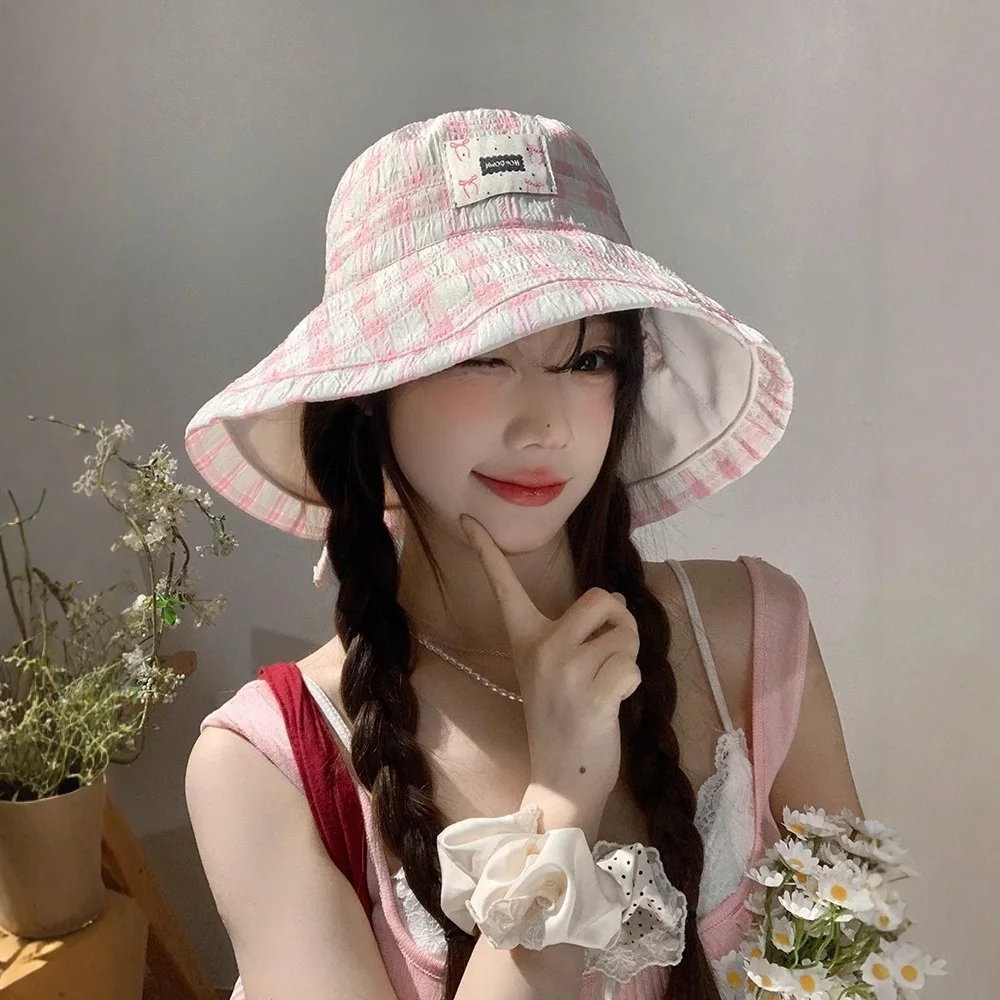 봄/여름 새로운 다목적 체크 무늬 bowknot 야외 놀이 선 스크린 분지 모자 선 스크린 어부 모자