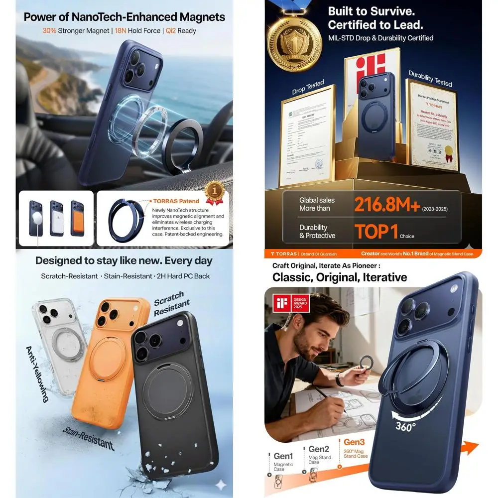 Verbeterde 360 magnetische standaard voor iPhone 17 Pro Max hoesje, geschikt voor MagSafe met ring, 4X Mil-grade bescherming, camerabediening, Tran