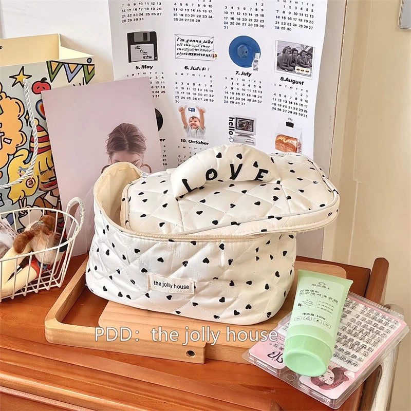 Cute Quilting Cotton Makeup Bag Women Zipper Cosmetic Organizer Female Cloth Handbag Box Shape Portable Toiletry Case for Girls