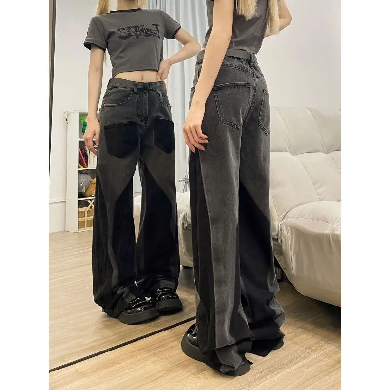 QWEEK Y2k Black Vintage Jeans for Woman Streetwear Baggy Gothic Harajuku Denim Pants Korean Fashion Spring Trousers Aesthetic