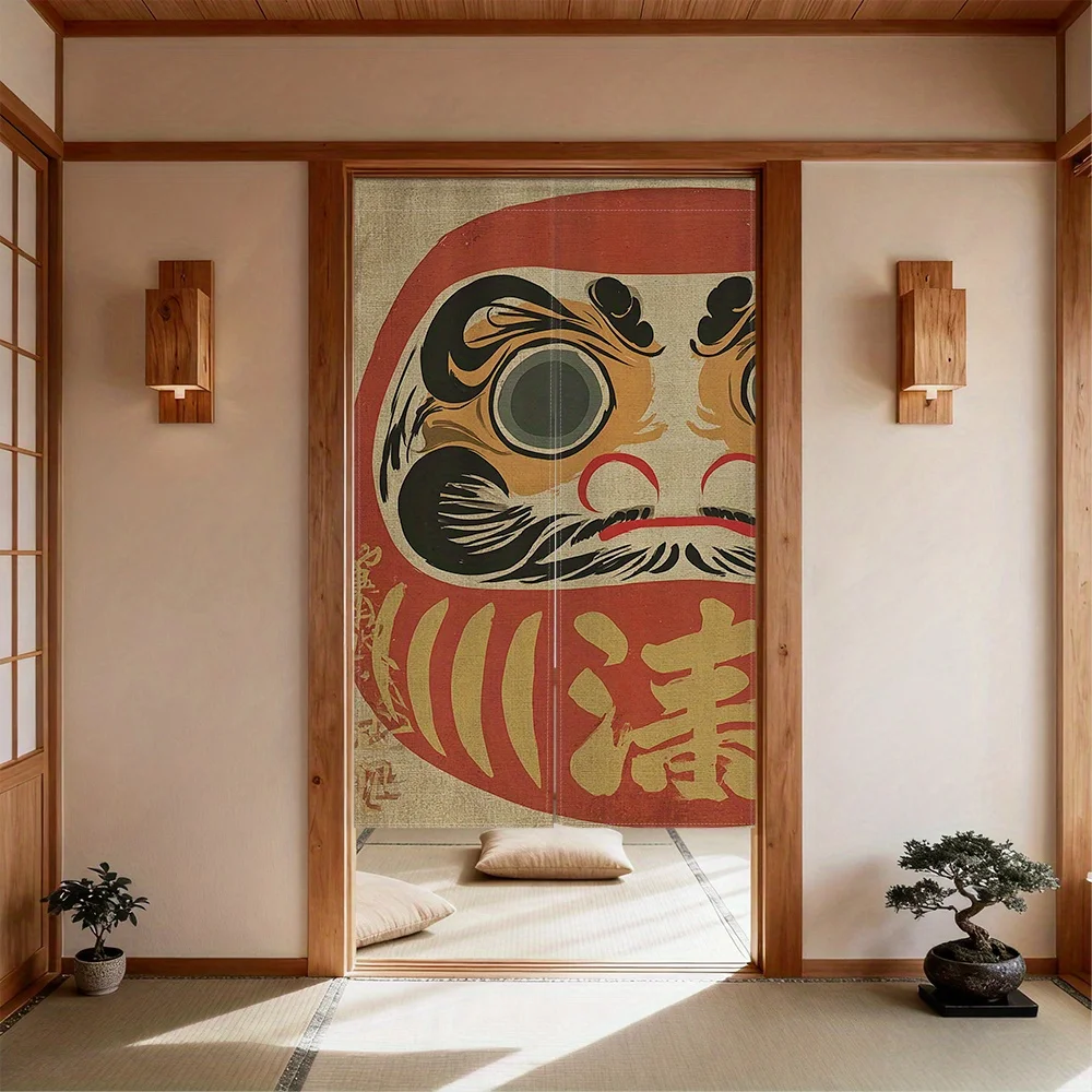 Flag Shape Daruma Lucky Cat Door Curtain - 2D Flat Print Rod Pocket Partition Drape for Kitchen Restaurant Entryway Decor