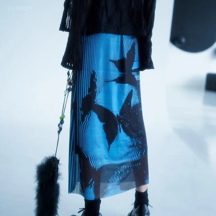 Black Blue Butterfly Print Skirt For Women New Chinese Style Mesh Skirts Y2k High Waist Straight Mid-length Faldas Mujer