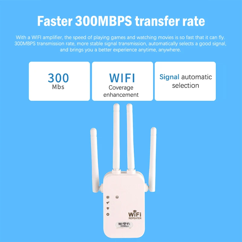 Wireless WiFi Repetidor Signal Booster, Wi-Fi Amplificador, Extensor de Longo Alcance, 4 Antena Externa, 2.4, 300Mbps