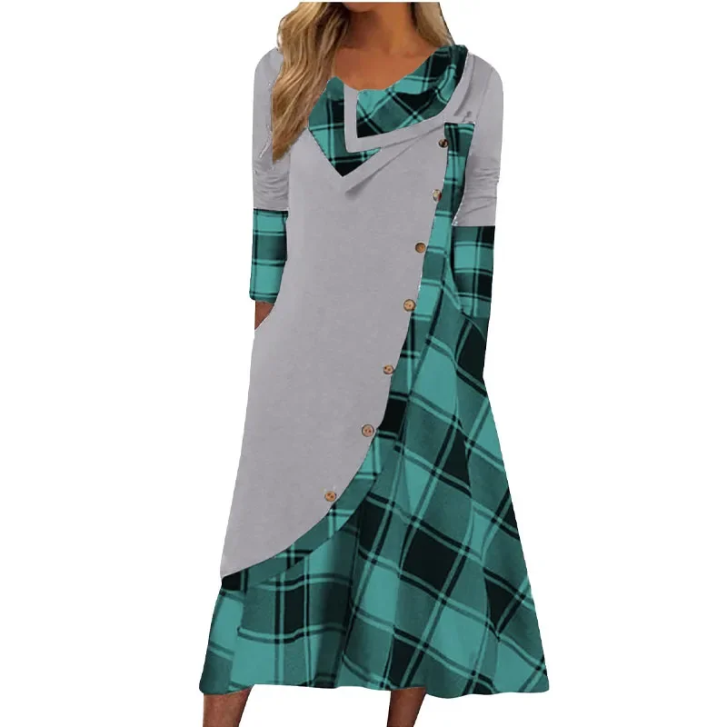 Streetwear Mode Knopf Plaid Patchwork Kleider Damen bekleidung Langarm lässig lose Flor Kragen Taschen Kleid für Frauen