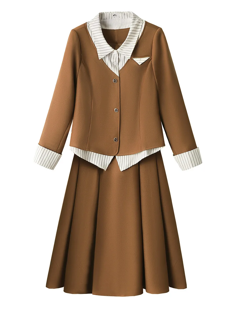 150Kg Plus Size Women\'s Bust 153 Autumn Loose Fake Two-Piece Jacket Retro Skirt College Style Two-Piece Set 5XL 6XL 7XL 8XL 9XL