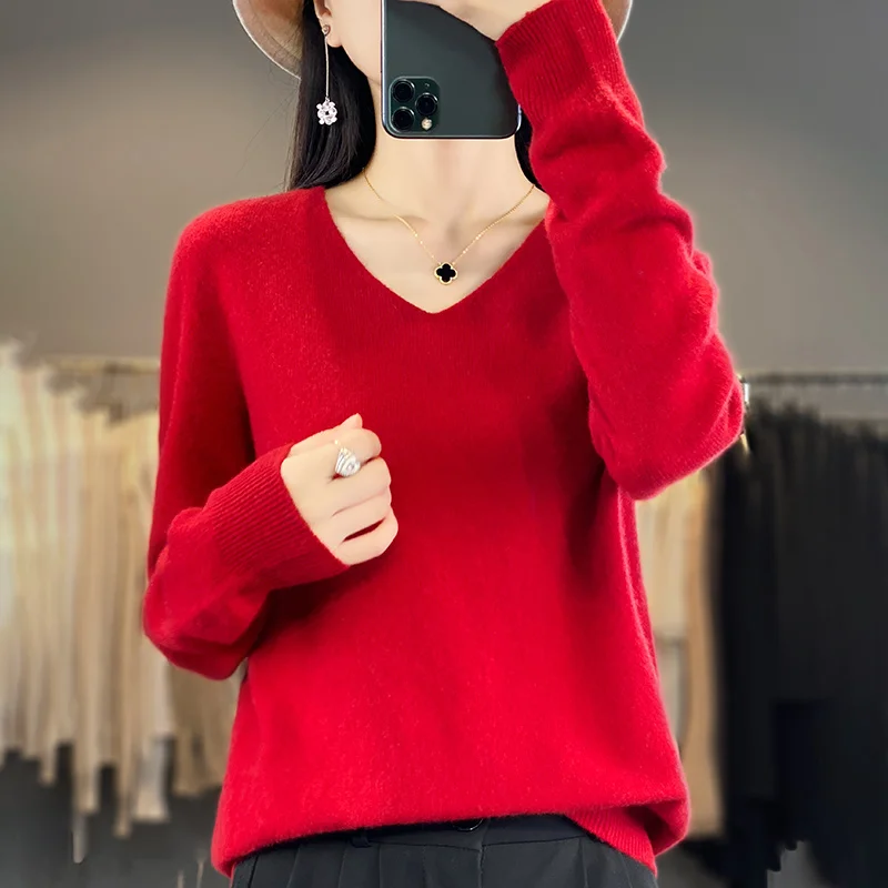 Women\'s 100% Wool First-line ready to wear Clothing Spring Autumn V-Neck Knitted Pullover Slim Fit Fashion Versatile Basic Tops