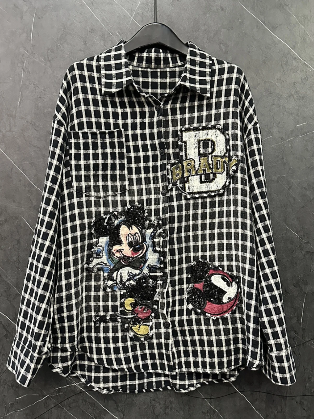 Spring and Summer New Heavy Industry Cartoon Plaid Long-sleeved Shirt Women's Loose Mid Length Street Hipster Sequined Top