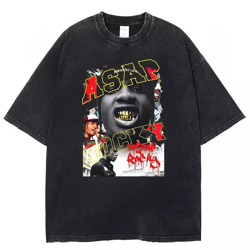 Rapper A$AP Rocky Hip-Hop Rock Band High-Street Washed Lässige sportliche Herren-T-Shirts, kurze Damen-T-Shirts und Paar-Stile