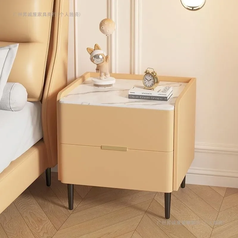 Modern Solid Wood Nightstand with Sintered Stone Top Cream Style Small Bedroom Storage Table Simple Luxury Home Furniture