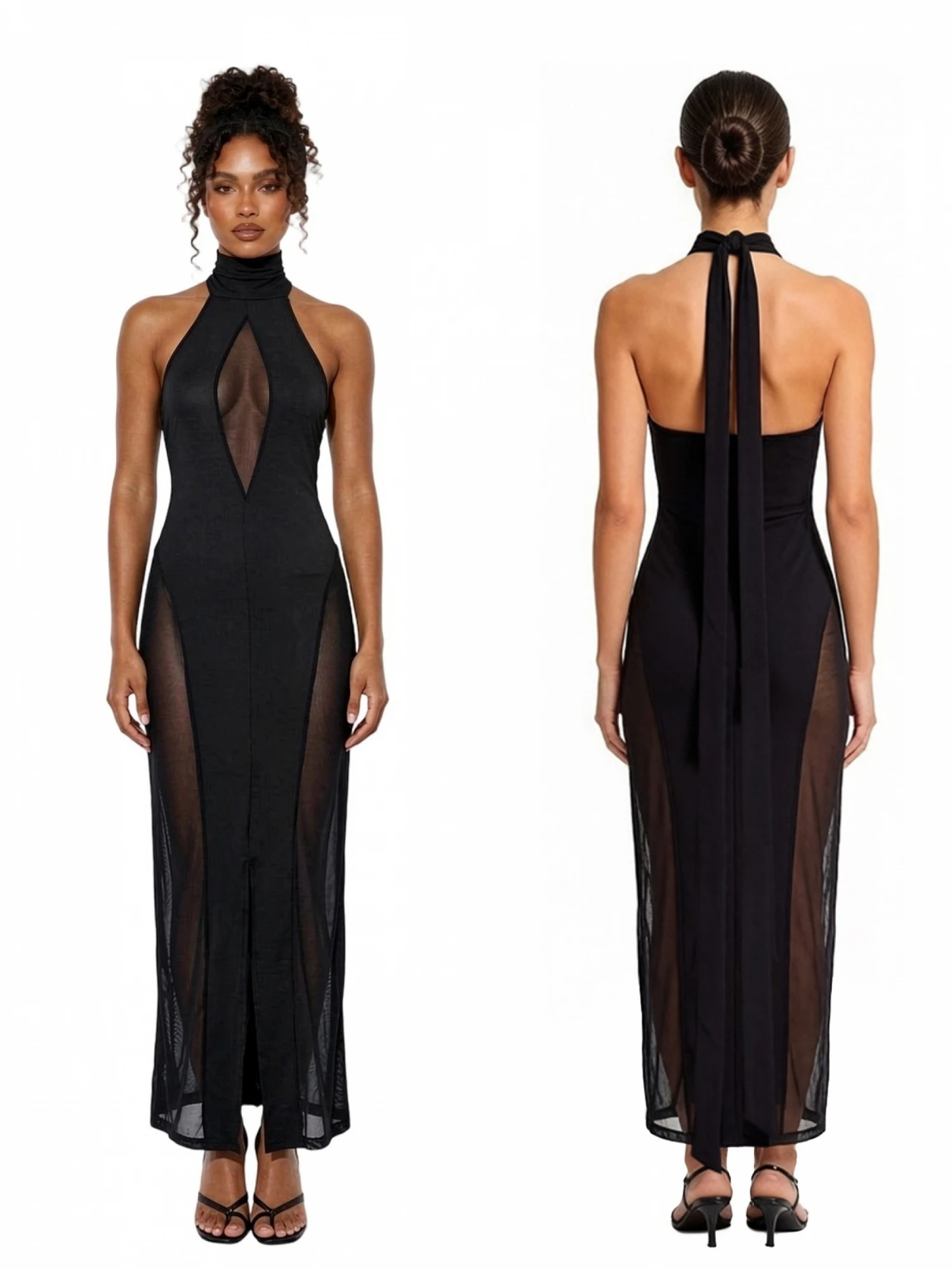 Figurbetontes langes Kleid für Damen, ärmellos, mit Neckholder-Ausschnitt, Cocktailkleid für Partys – Detail 2