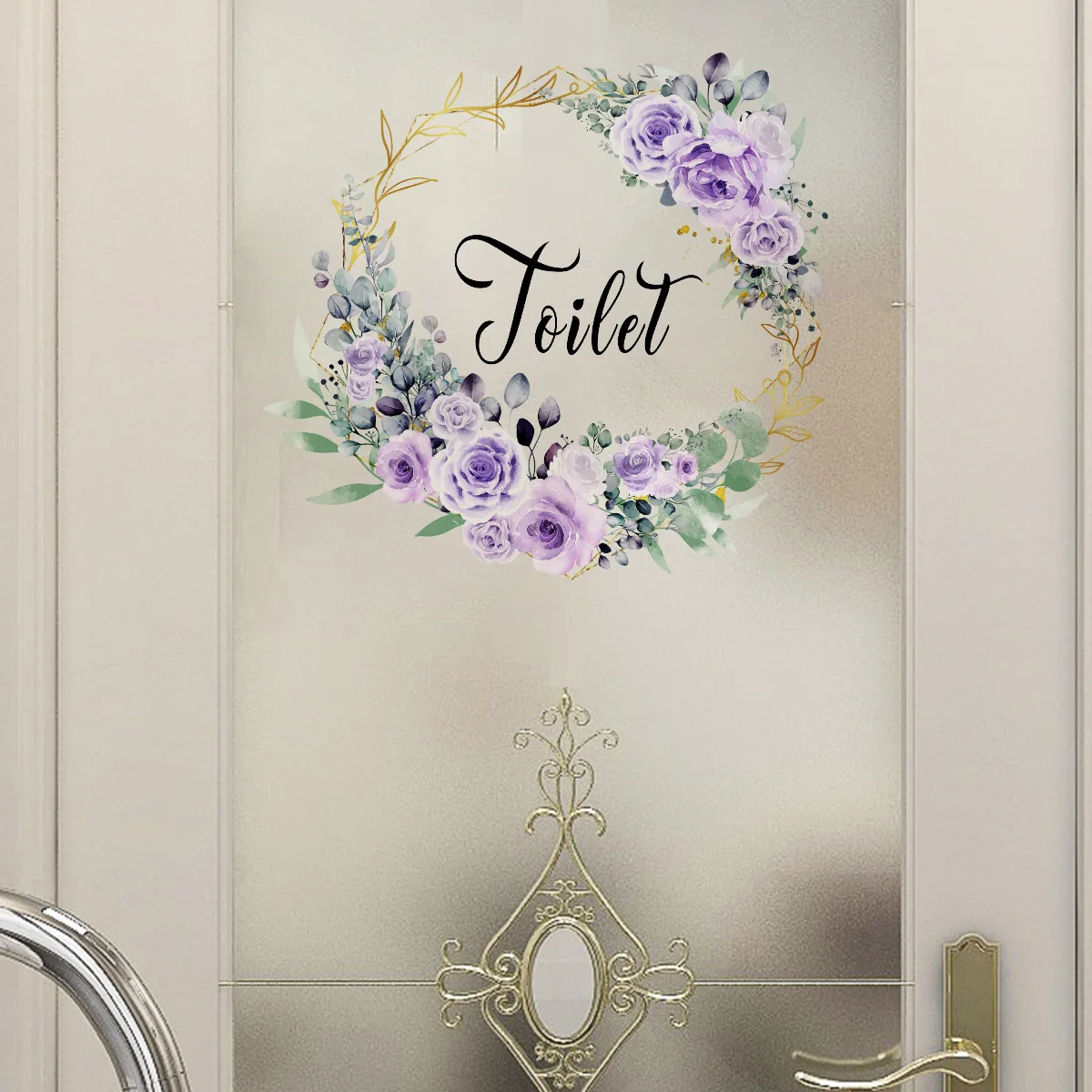 Pegatinas de pared para puerta de baño con flores para lugar público, decoración del hogar, baño, WC, letrero de entrada, calcomanías de pared, arte de vinilo, decoración de baño