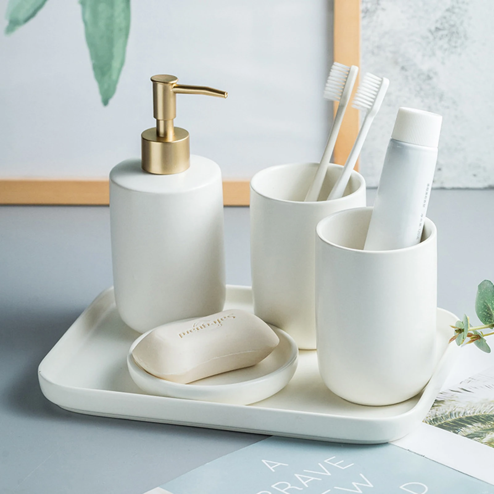 5 قطع كونترتوب الحمام مجموعة كوب فرشاة الأسنان السيراميك الفاخر مع غطاء صحن الصابون الغرور المنظم لفندق المنزل #2