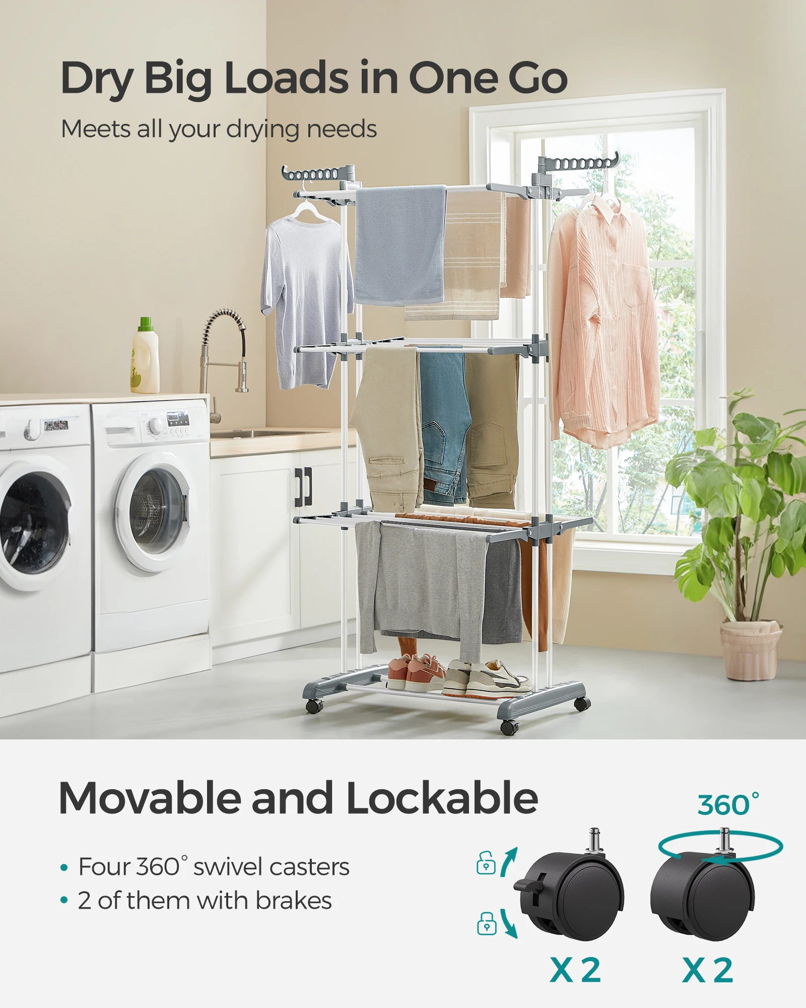 SONGMICS Clothes Drying Rack Stand 4-Tier, Foldable Laundry Drying Rack 68.1-Inch Tall, Steel, Rolling Clothes Horses Dryer Rack image 3