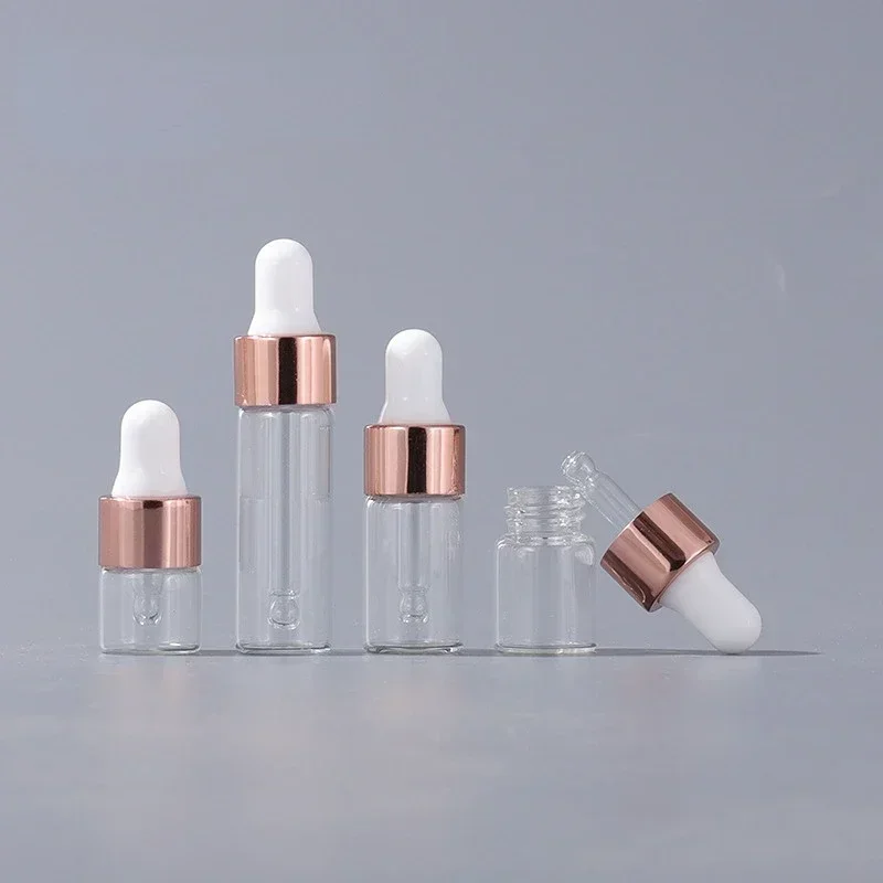 10/20 pçs mini garrafas conta-gotas de vidro vazio óleo essencial aromaterapia garrafas rosa ouro tampa pipetas garrafas 1ml 2ml 3ml 5ml