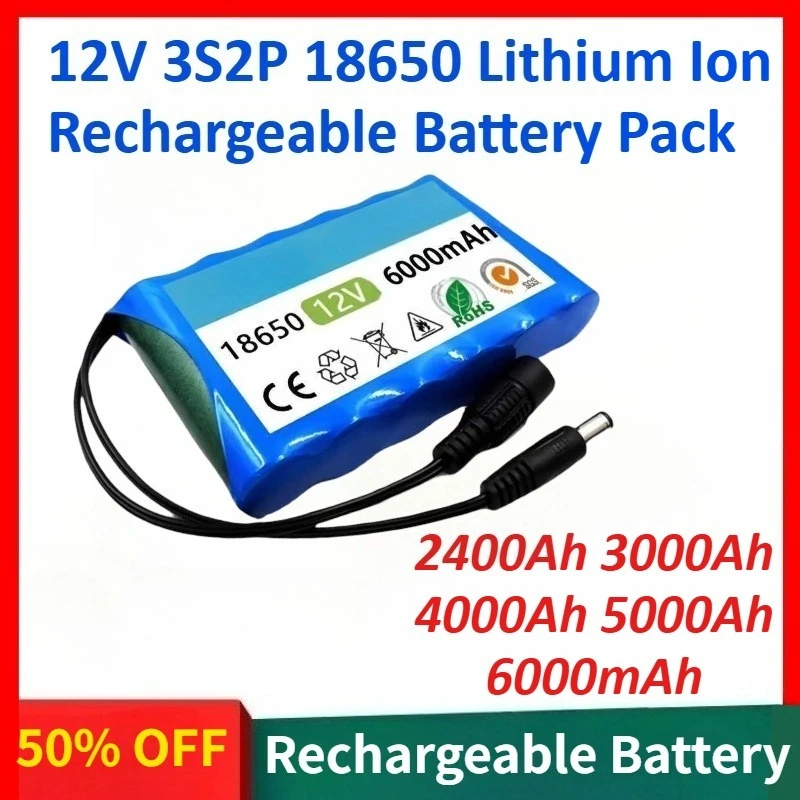 12V 2400Ah 3000Ah 4000Ah 5000Ah 6000mAh 3S2P 18650 Lithium Ion Rechargeable Battery Pack for Speaker with Charger