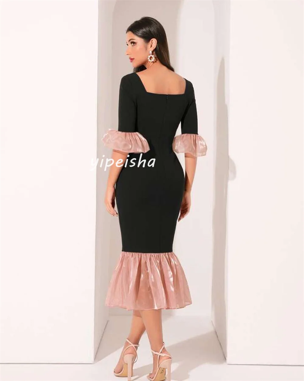 Customized Sexy Exquisite Jersey Pleat Mermaid Square Neck Midi Dresses Flouncing Evening Dresses Sizes Available Modern Style M