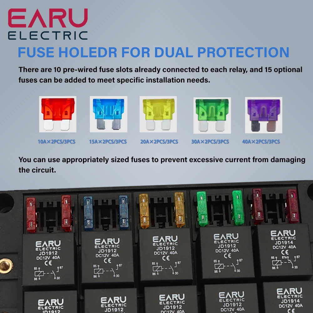 

Earu Automotive 15-контактный блок предохранителей с блоком релейного блока, 15-контактный 12-контактный 3-ходовой модифицированный блок предохранителей для защиты цепи
