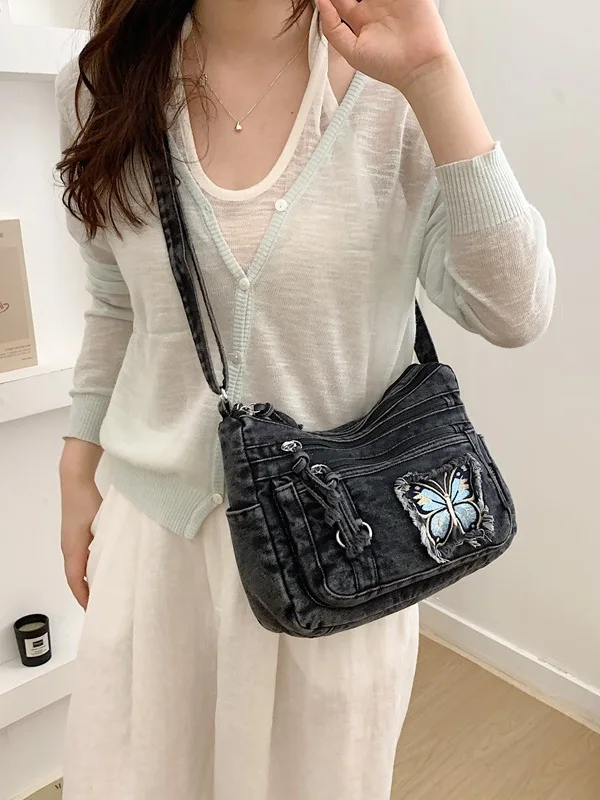 Casual Canvas Denim Crossbody Bag Multi-Layer Single Shoulder Bag for Outdoor And Class Young Women's Fashionable Tote Bag