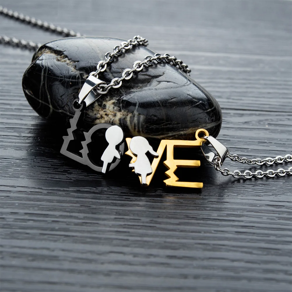 

2Pcs Couple Lover Necklace Titanium Steel Pendant Bright Color Smooth Surface Love Letter Design Perfect Valentine Birthday Gift