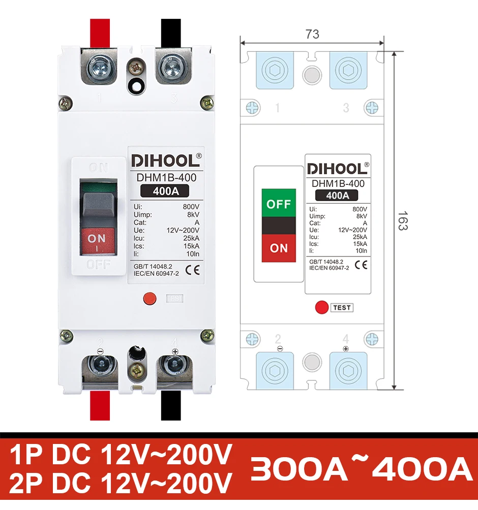 DC Mccb Circuit Breaker DC12V 24V 36V 48V 96V 120V 100A 200A 300A 400A Solar Battery Protector Car Charging Pile Isolator