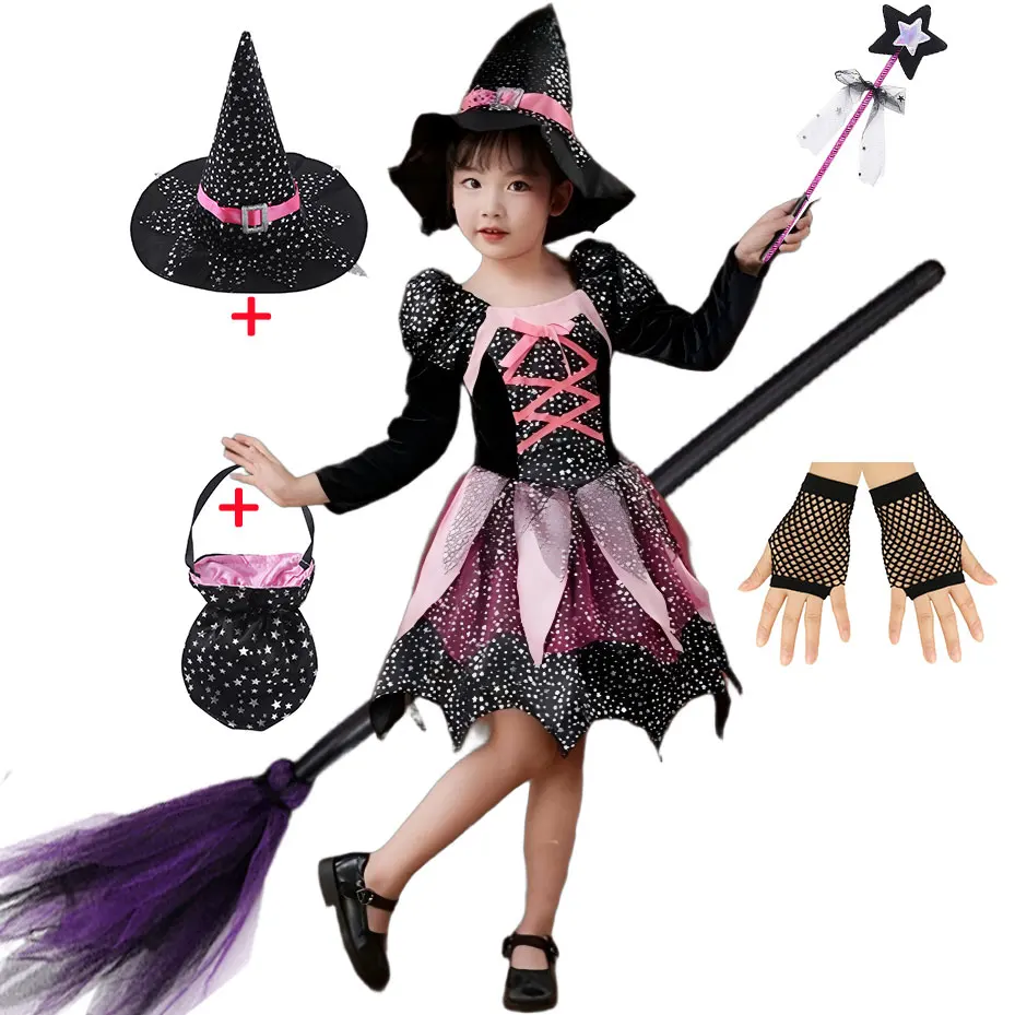 2–12 Jahre Mädchen-Hexenkostüm mit Hut, Zauberstab, Tasche, Halloween, Straße, Karneval, Rollenspiel, Zaubererkleid, Okt. 31 Oktober, Kleidung zum Allerheiligen