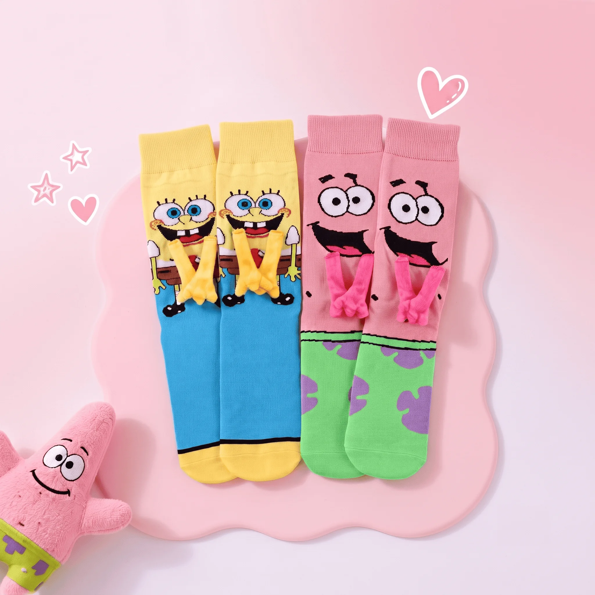Kreative 3D Cartoon Socken SpongeBob & Patrick Händchen haltend Lustige Magnetische Crew-Socken aus Baumwolle Neuartiges Geschenk für Paare Streetwear – Detail 1