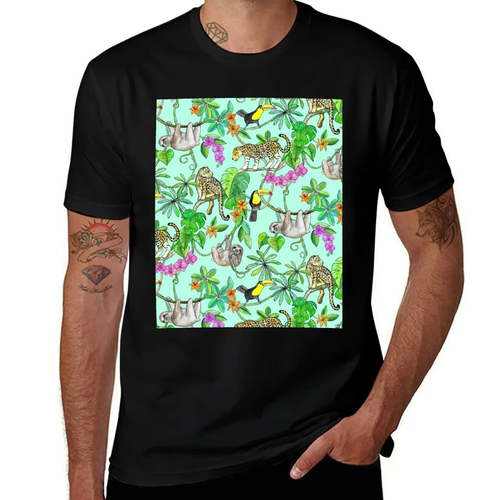 Rainforest Friends - watercolor animals on mint green T-Shirt Casual Daily Wear Short Sleeve Top T-Shirt