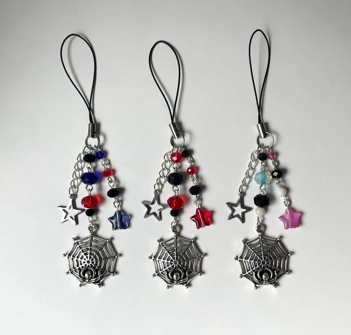 

Handmade spider-verse inspired beaded phone charm | miles, gwen, and migue Y2K phone pendant