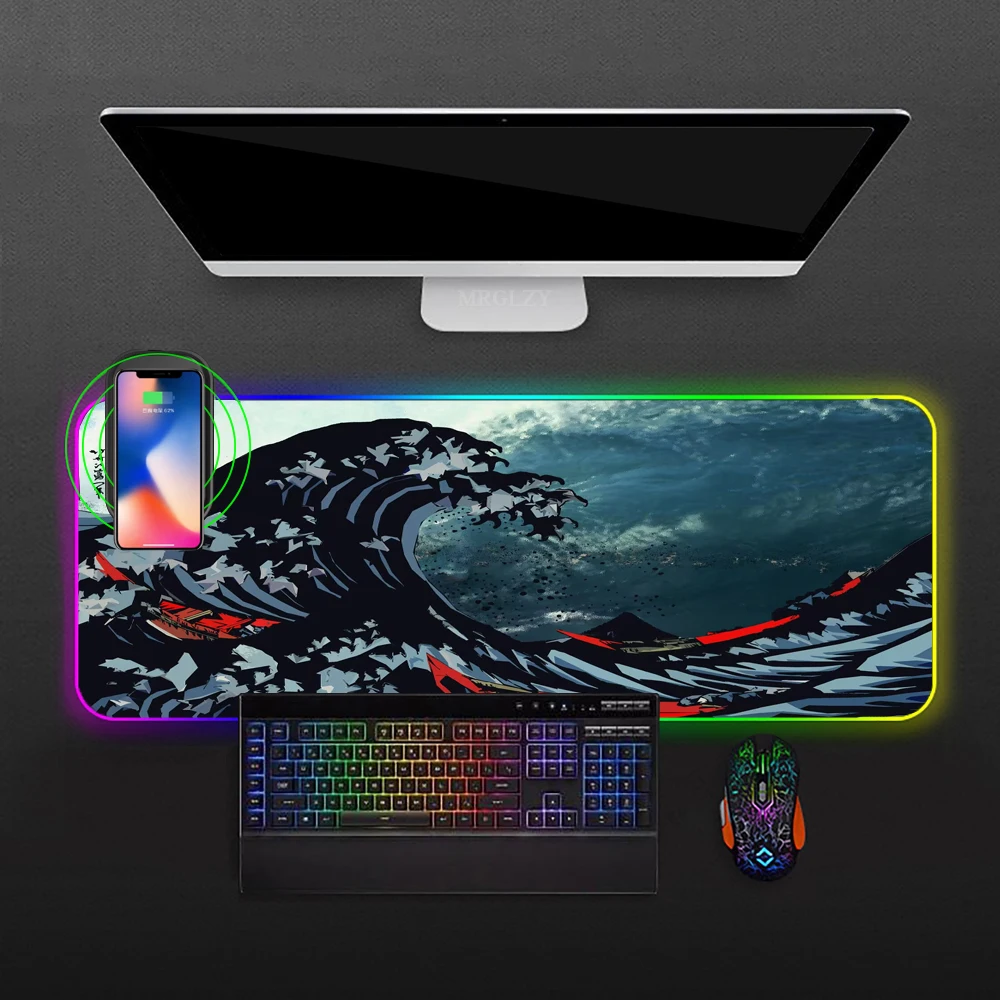 

RGB Mobile Wireless Charging Mousepad Wave Office Mouse Mats Laptops Large Mouse Pad Desktop Table Pad Gaming Mats Japanese Mat