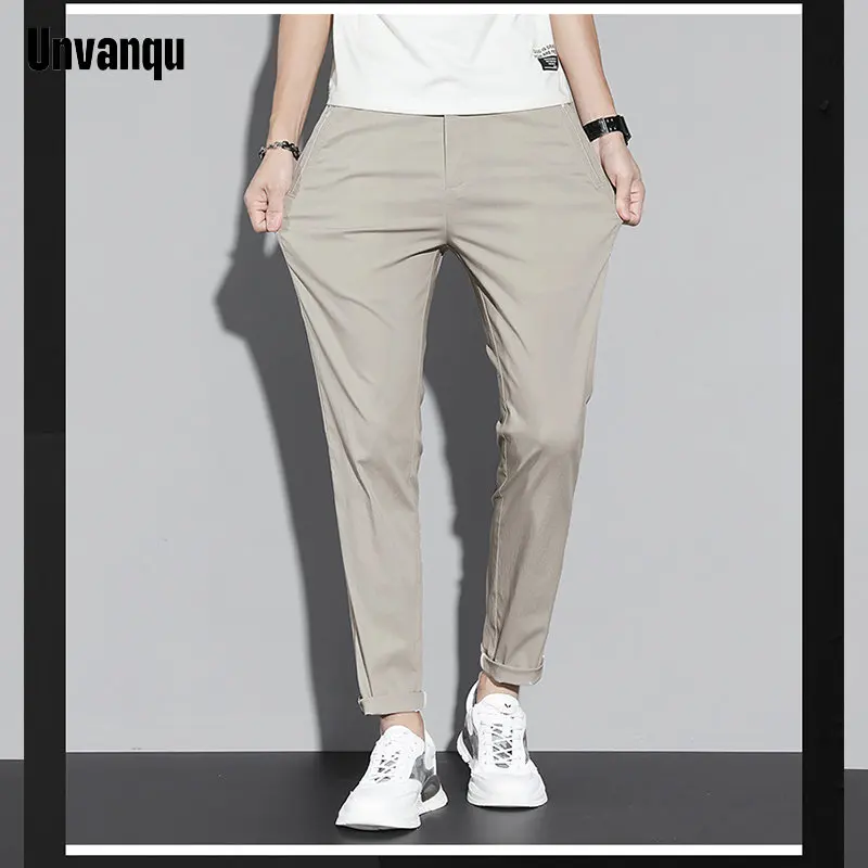 UNVANQU 2023 Chic New Summer Casual Men's Solid Color Business Fashion Slim Fit Stretch Thin Trousers Male Straight Pants Khaki