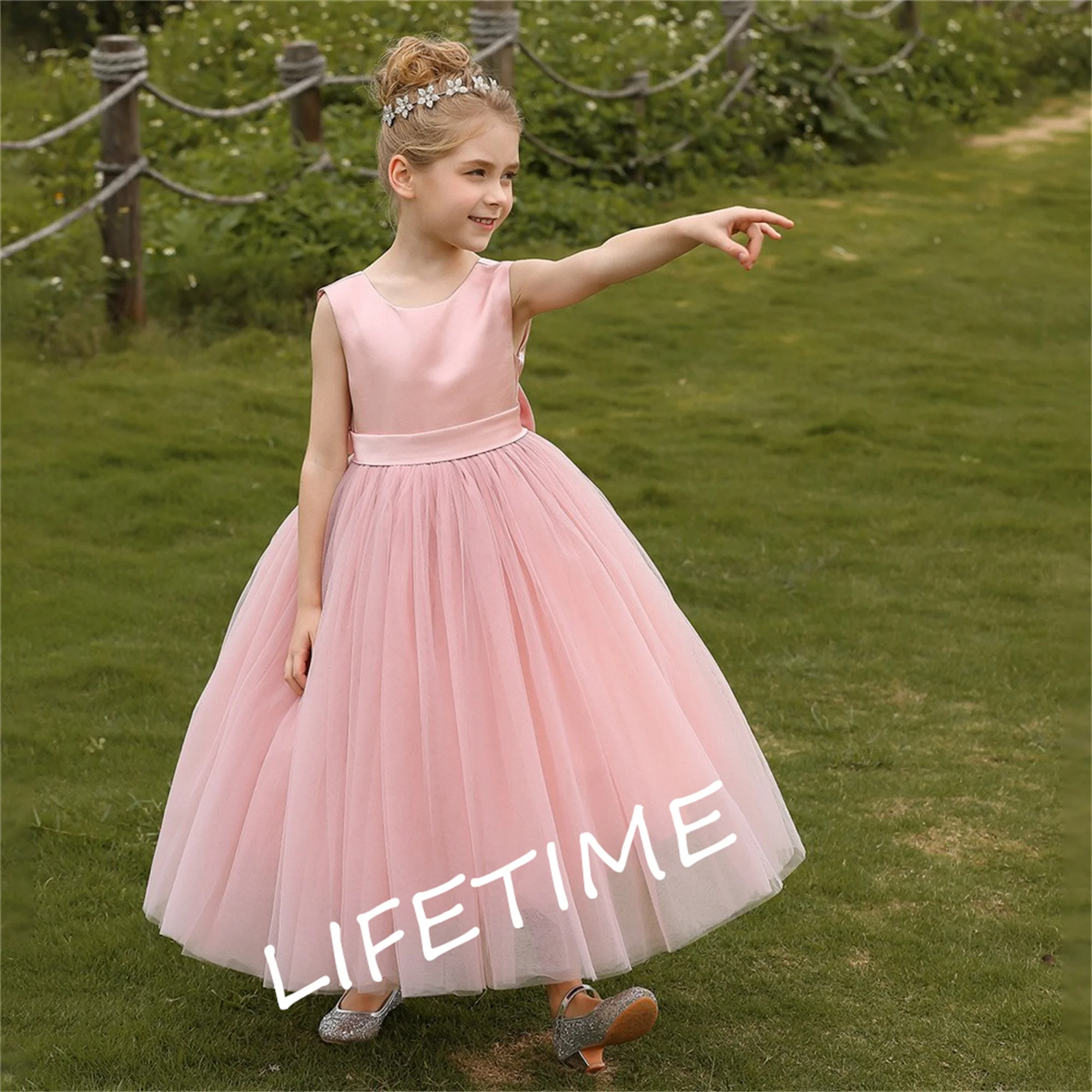 Bow Round Collar Flower Girl Dresses Elegant Evening Host Dress First Communion Birthday Ball Portable Piano Performance