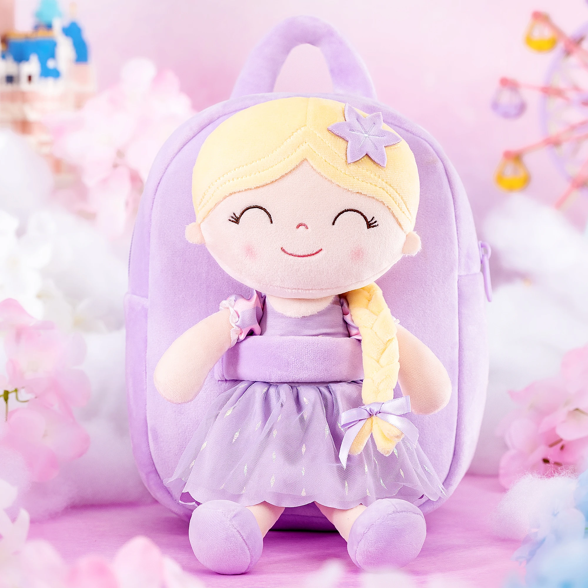 9 inches Plush Backpacks Purple Flower Princess Dolls Baby Girls Toys Purple for 2-Year-Old Baby Girls Birthday Gifts