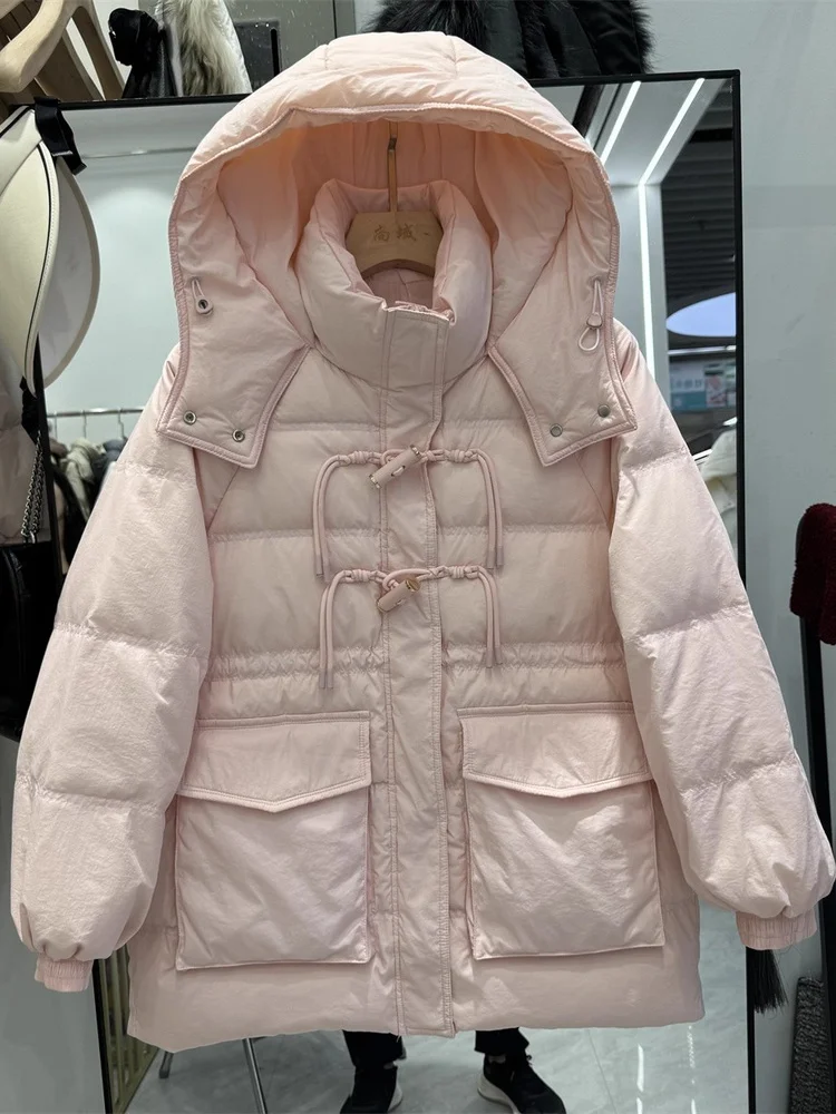 

2025 Autumn and Winter New Down Jacket Women's Medium to Long Hooded Bamboo Horn Buckle Thickened Duck Down Warm Coat