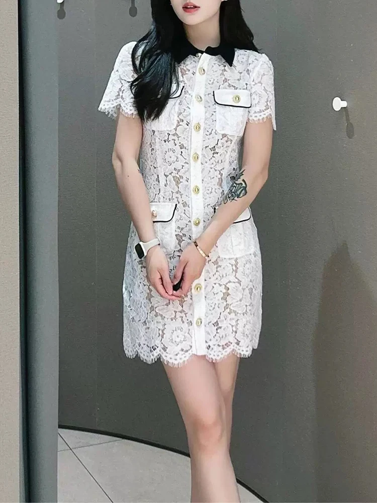

French light luxury 2025 summer heavy industry lace flower openwork contrasting color lapel cinched waist slimming dress