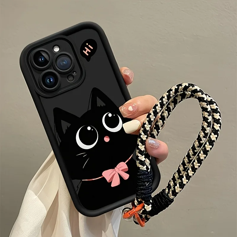 Cute Black Cat Hang Strap Silicone Phone Case For iPhone 11 12 13 14 15 16 17 Pro Max X XS XR 7 8 Plus 16E 17Air Soft Cover - náhled 4
