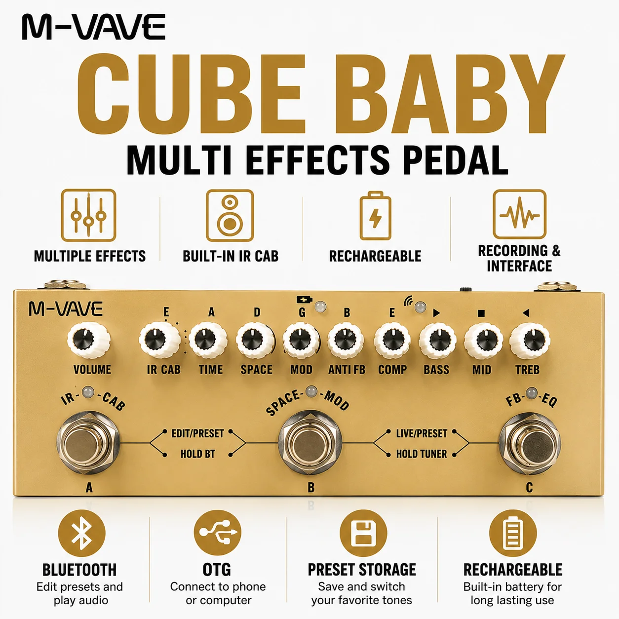 Pedal multiefectos recargable M-vave Cube BABY para guitarra eléctrica y acústica con función de interfaz de audio para grabación, pedal Cuvave