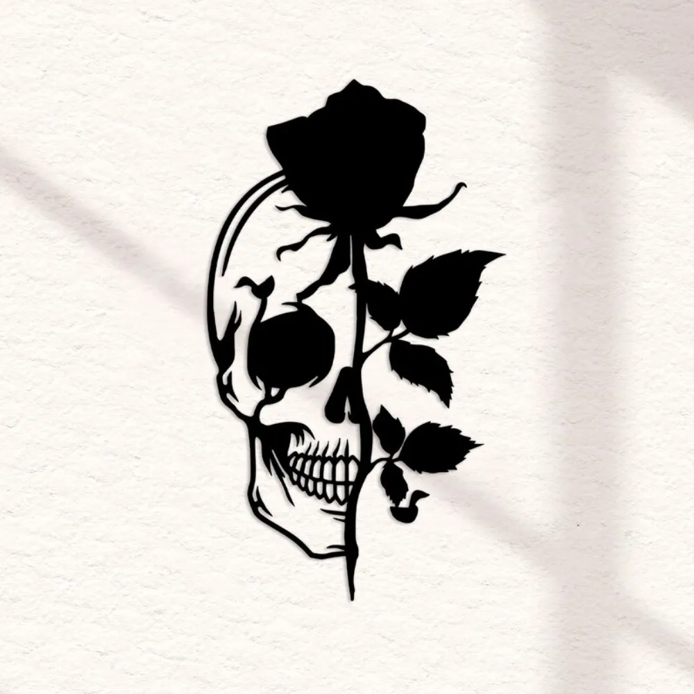 Skull with Rose Metal Wall Art, Flower Skull Signs, Sugar Skull, Skeleton Decor, Halloween Gothic Decor