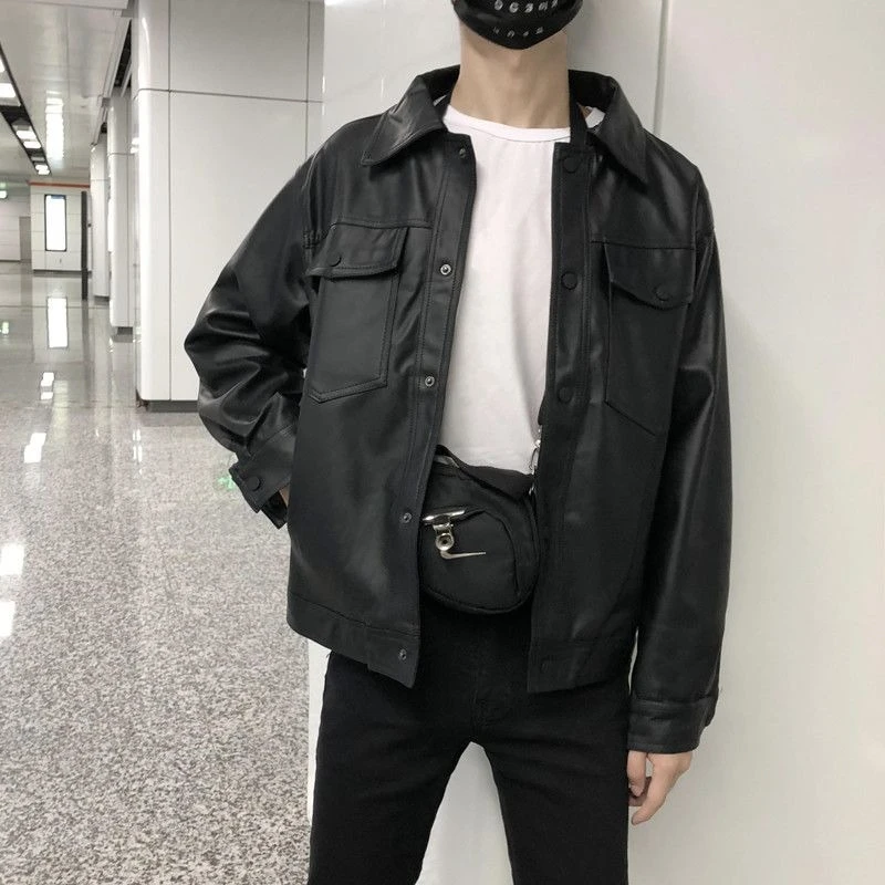 

Korean Trendy Men's PU Leather Jacket Short Slim Fit Motorcycle Coat for Couples Casual Streetwear Outerwear​