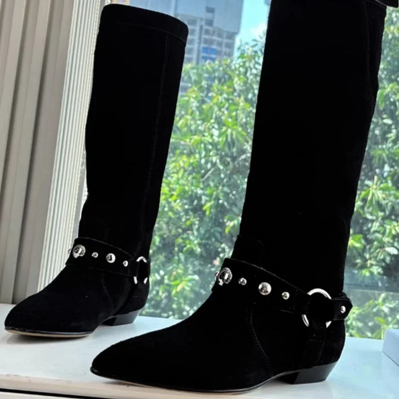 

Замшевые сапоги до колена с металлическими заклепками, сексуальные сапоги с острым носком, новые поступления по индивидуальному заказу, модные женские современные сапоги