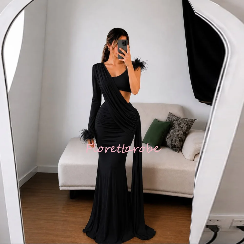 Sexy Black  Prom Dresses One Shoulder  Ruffled Feathers and Floor-Length Evening Gown for Women فساتين للحفلات الراقصة Customize