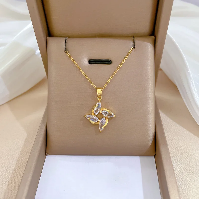 Exquisite and Cute Micro-embellished Flower Hollow Design Stainless Steel Necklace Fashionable Windmill Design Pendant