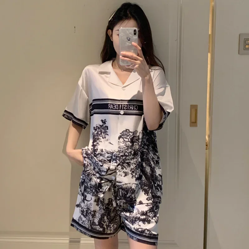 Ink Painting Style Short-sleeved Lapel Fashion Pajamas Summer Cool Loungewear Women\'s Three-piece Set Pajamas for Women Satin