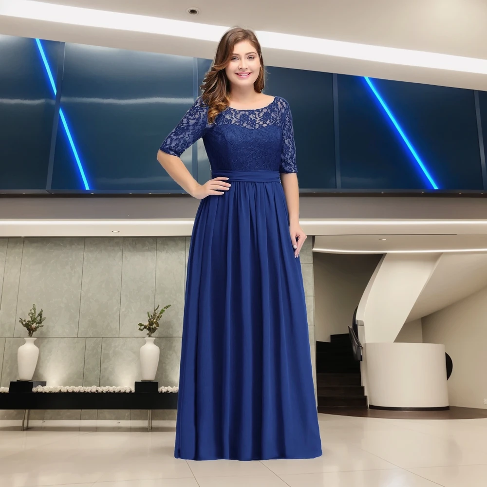 XL-4XL Plus Élégante Une Ligne Femmes Plus La Taille Dentelle Mousseline De Soie Robes De Demoiselle D'ints Longue Pour Le Mariage Robe De Soirée Invité Robe De Bal