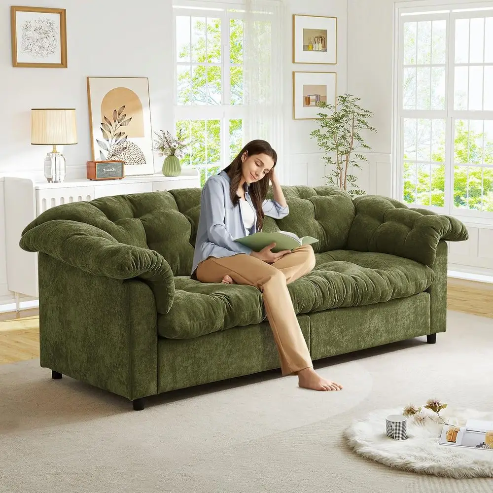 

Oversized Chenille Tuffed Cloud Loveseat Sofa with Tasseled Design and Armrest Pillows, Suitable for Living Room, Bedroom, Offic