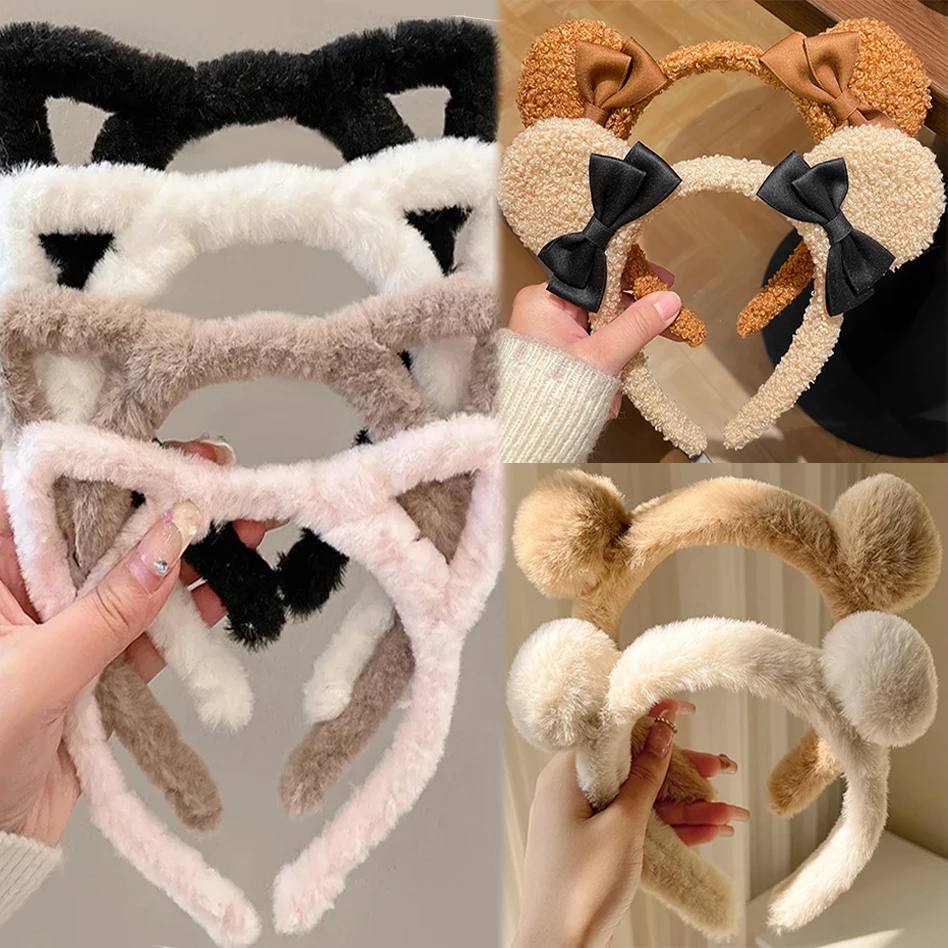 Plush Headband Cat Bear Ears Bow Headhoop for Girls Spa Face Cleaning Hair Hoops Headwear Decoraion for Women Hair Accessories