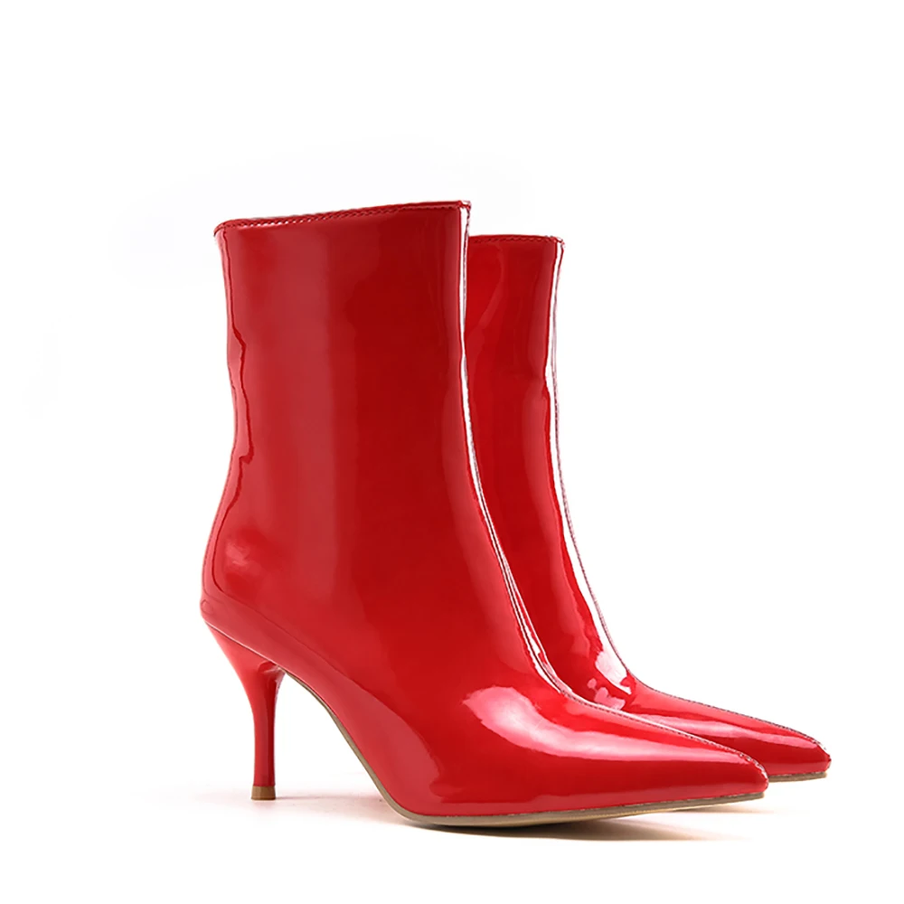 Brand New Glossy White Red Women Mid Calf Boots Glamour High Stiletto Heels Lady Nude Shoes LM295 Plus Big Size 10 43 45 47