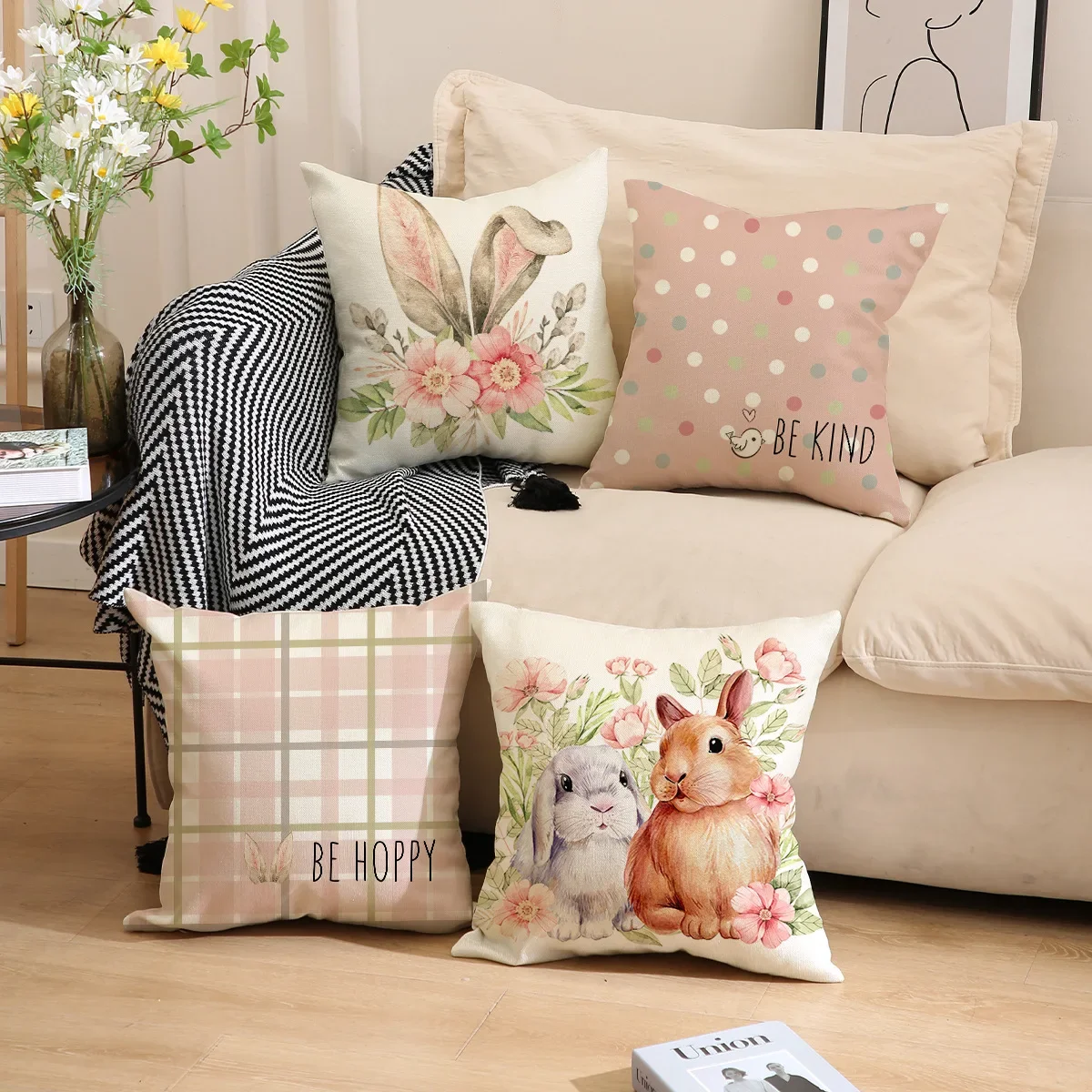 18 Inch Be Hoppy Easter Rabbit Flower Buffalo Plaid Throw Pillow Cover Polka Dot Bird Be Kind Cushion Case for Sofa Couch Decor