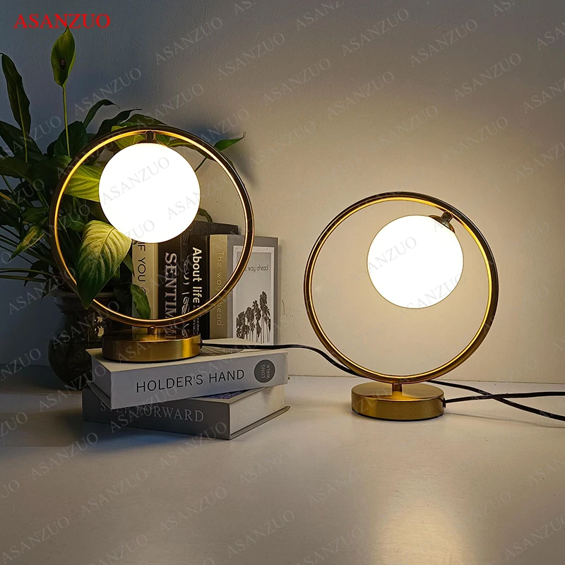 Brass LED Table Lamps galss lighting fixtures Bedside Reading Desk Lamp Bedroom Hotel Home Decor Round Ring Standing lamp