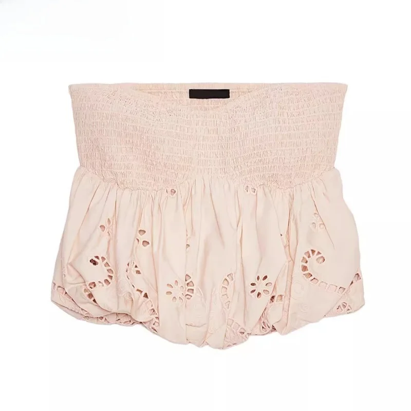 

New Summer Women's Cotton Embroidered Balloon Sle Top Mid-Waist Long Pants Faionable Commute ort Length Color