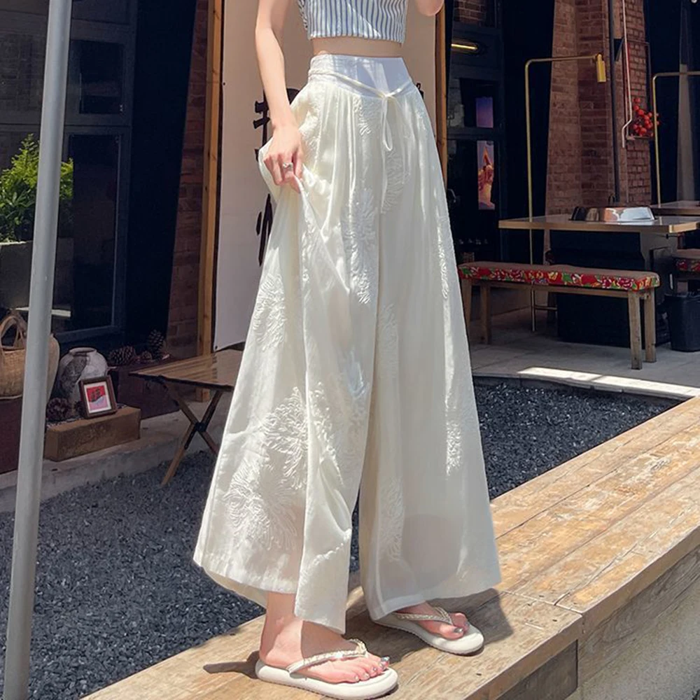 Chinese embroidery design wide-leg pants women's 2025 high-waisted thin elastic waist strap drape national style casual pants